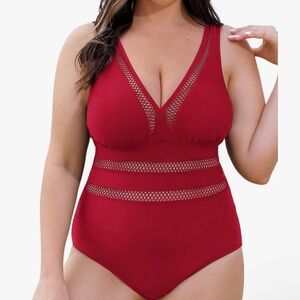 Cupshe Burgundy V-Neck Mesh Band One-Piece Swimsuit